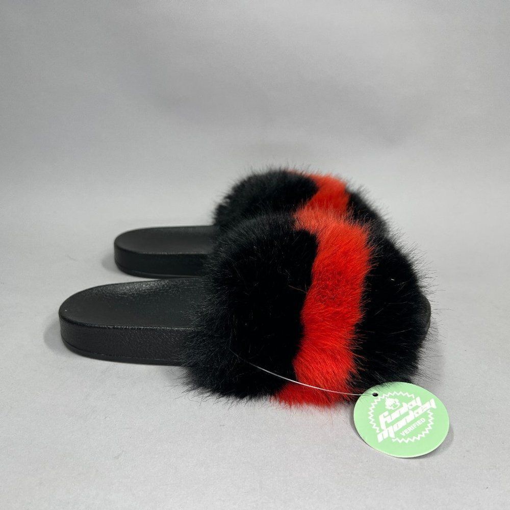 Funky Monkey Sandals Women's 10 Black‎ Red Faux Fur Slide Flip Flop Sandals